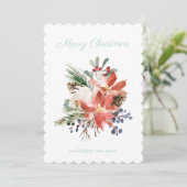 Floral Poinsettia Light Blue Pset Check Kerstmis Feestdagenkaart (Staand voorkant)