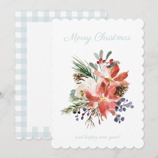Floral Poinsettia Light Blue Pset Check Kerstmis Feestdagenkaart (Voorkant / Achterkant)