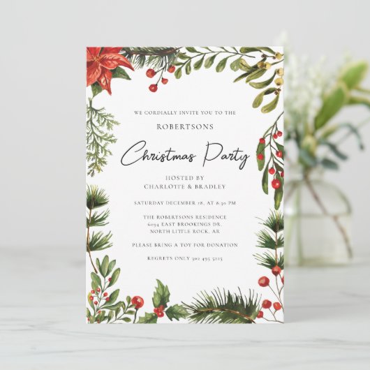 Floral Poinsettia Script groen kerstfeest Kaart (Staand voorkant)