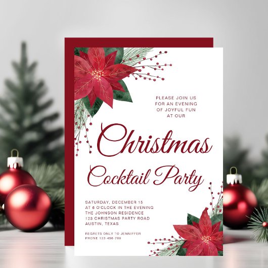 Floral Poinsettia Script-kerstcocktail Kaart