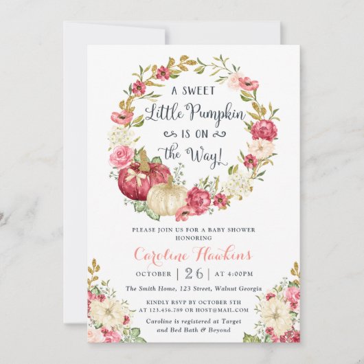 Floral pompoen krans blush glitter Baby shower Kaart (Voorkant)