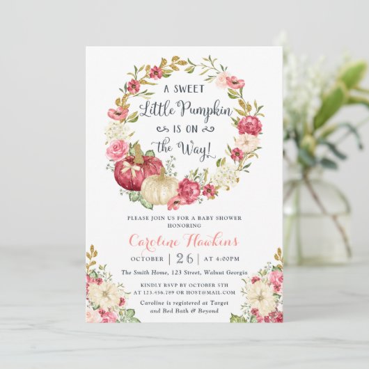 Floral pompoen krans blush glitter Baby shower Kaart (Staand voorkant)
