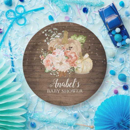 Floral pompoen rustiek hout Herfst Baby shower Papieren Bordje (Feest)
