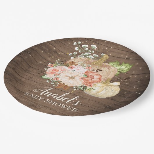 Floral pompoen rustiek hout Herfst Baby shower Papieren Bordje (Gekanteld)