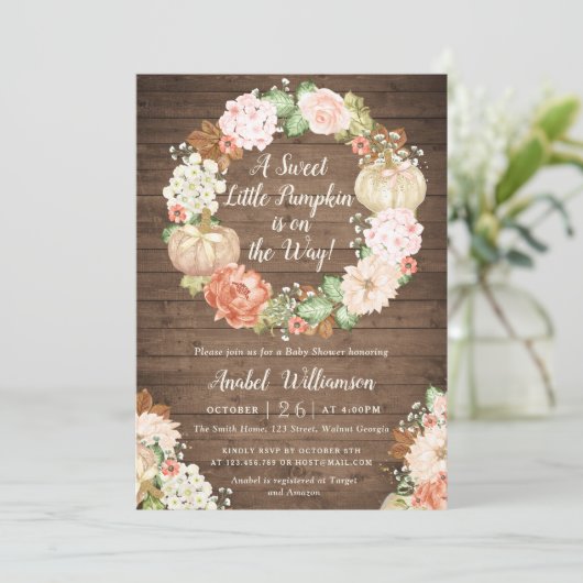 Floral pompoen rustiek hout krans Baby shower Kaart (Staand voorkant)