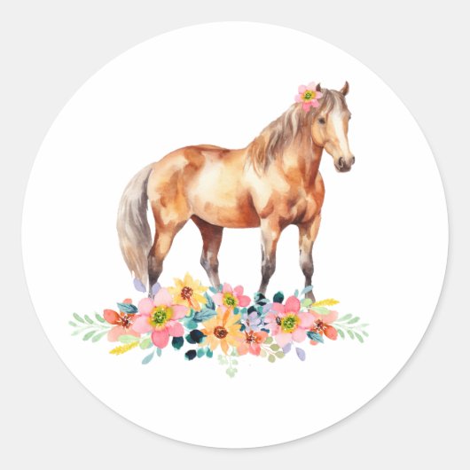 Floral Pony Verjaardagsfeestje Waterverf Ronde Sticker (Voorkant)