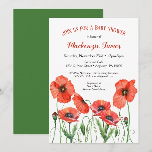 Floral Poppies Baby shower Invitation Neutral Kaart (Voorkant / Achterkant)