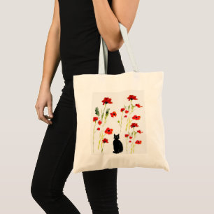Floral Poppy Cute Kitty Cat Tote Bag