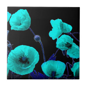 Floral Poppy Flowers Turquoise Blue Abstract Artsy Tegeltje