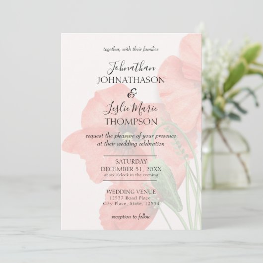 Floral Poppy Wedding Aankondiging Kaart V2 (Staand voorkant)