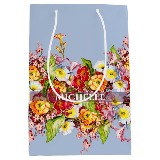  Floral Powder Blue Spring Primroses Cute Medium Cadeauzakje (Voorkant)