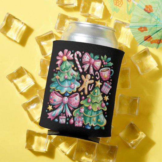 Floral Preppy Xmas Tree Bow Coquette Pink Blue Blikjeskoeler (Insitu Zomer)