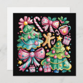 Floral Preppy Xmas Tree Bow Coquette Pink Blue Feestdagenkaart (Voorkant / Achterkant)