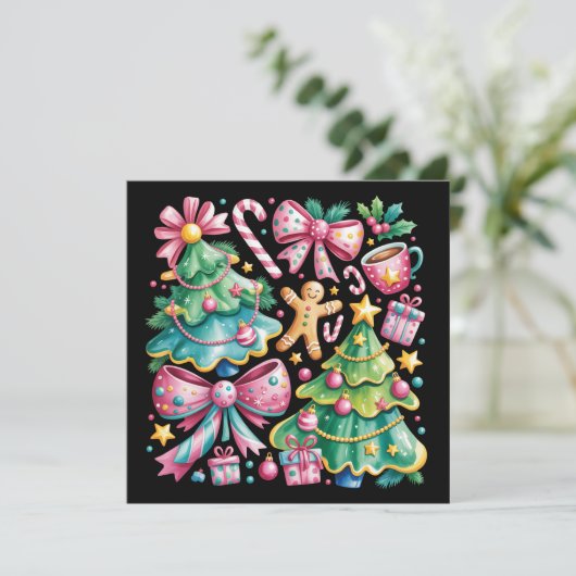Floral Preppy Xmas Tree Bow Coquette Pink Blue Feestdagenkaart (Staand voorkant)