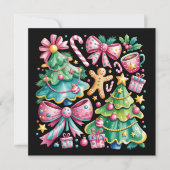 Floral Preppy Xmas Tree Bow Coquette Pink Blue Feestdagenkaart (Voorkant)