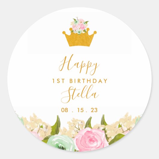 Floral Princess Birthday Party Ronde Sticker (Voorkant)