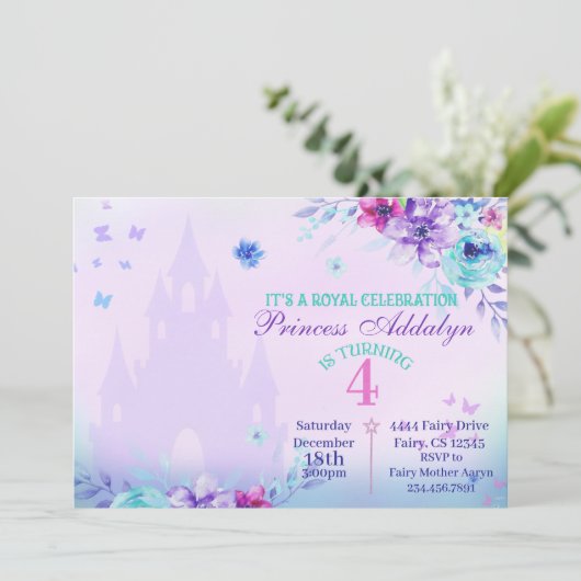 Floral Princess Castle Waterverf 4e verjaardag   Kaart (Staand voorkant)