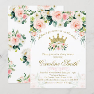 Floral Princess Gold Crown Baby shower Invitation Kaart