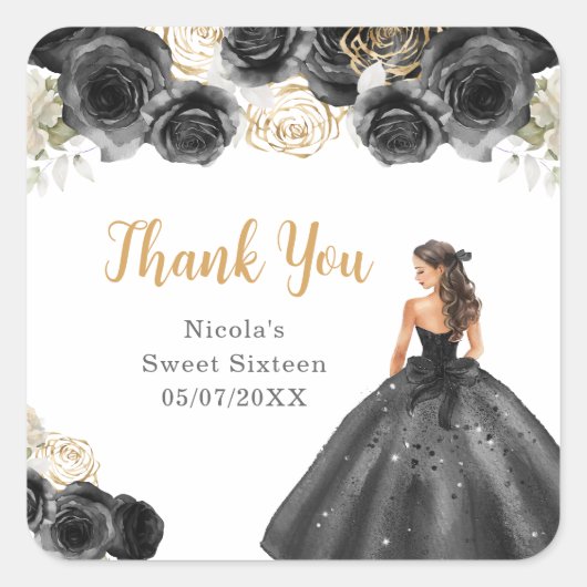 Floral Princess in Black Dress Sweet Sixteen Vierkante Sticker (Voorkant)
