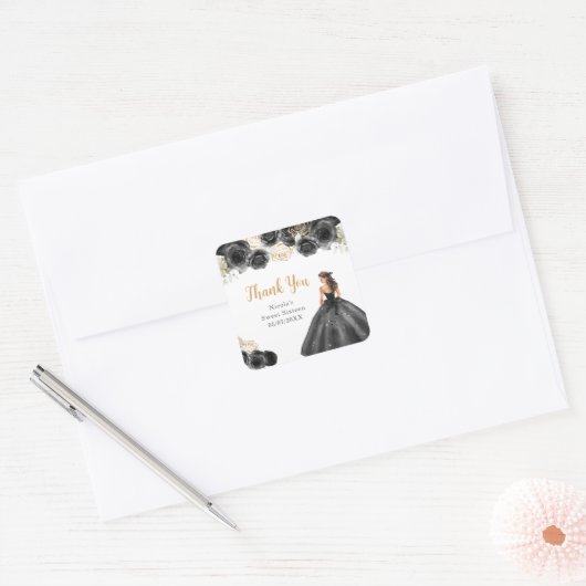 Floral Princess in Black Dress Sweet Sixteen Vierkante Sticker (Envelop)