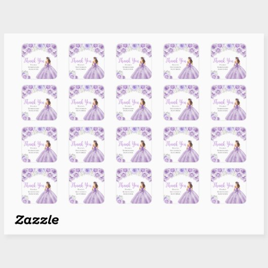 Floral Princess in Dusty Purple Dress Quinceanera Vierkante Sticker (Vel)