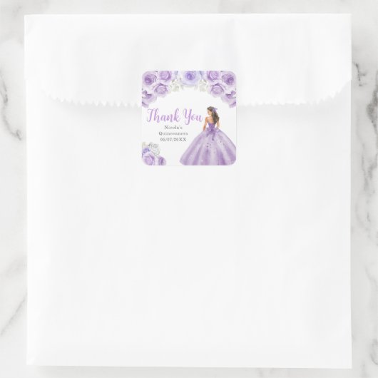 Floral Princess in Dusty Purple Dress Quinceanera Vierkante Sticker (Tas)