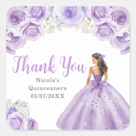 Floral Princess in Dusty Purple Dress Quinceanera Vierkante Sticker (Voorkant)