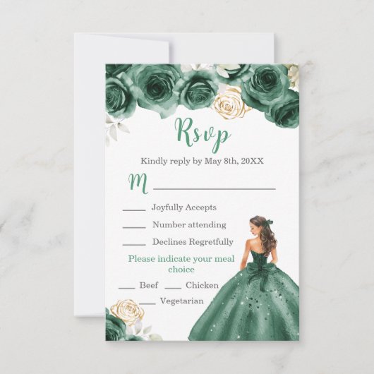 Floral Princess in een donkergroene jurk Maaltijdk RSVP Kaartje (Voorkant)