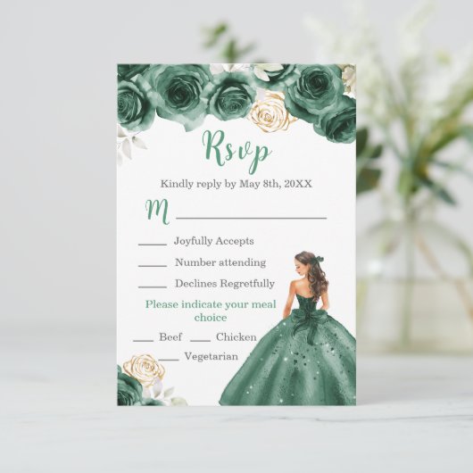 Floral Princess in een donkergroene jurk Maaltijdk RSVP Kaartje (Staand voorkant)