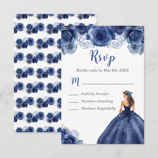 Floral Princess in een Navy Blue Dress Maaltijdkeu RSVP Kaartje (Voorkant / Achterkant)