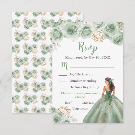 Floral Princess in een Sage Green Dress Maaltijdke RSVP Kaartje (Voorkant / Achterkant)