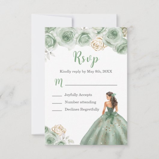 Floral Princess in een Sage Green Dress Maaltijdke RSVP Kaartje (Voorkant)