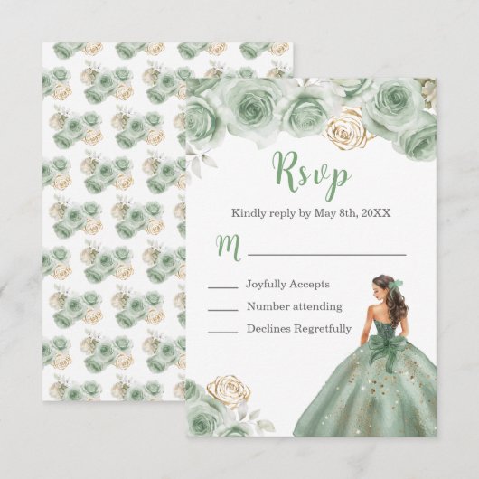 Floral Princess in een Sage Green Dress Maaltijdke RSVP Kaartje (Voorkant / Achterkant)