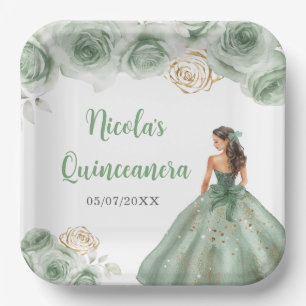 Floral Princess in een Sage Green Dress Quinceaner Papieren Bordje