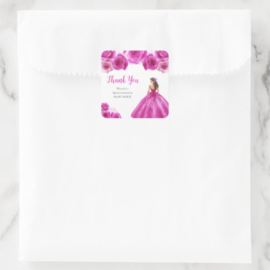 Floral Princess in Hot Pink Dress Quinceanera Vierkante Sticker (Tas)