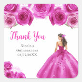 Floral Princess in Hot Pink Dress Quinceanera Vierkante Sticker (Voorkant)