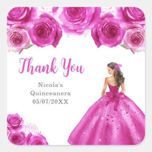 Floral Princess in Hot Pink Dress Quinceanera Vierkante Sticker (Voorkant)