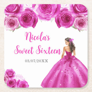 Floral Princess in Hot Pink Dress Sweet Sixteen Kartonnen Onderzetters