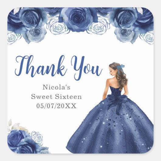 Floral Princess in Navy Blue Dress Sweet Sixteen Vierkante Sticker (Voorkant)