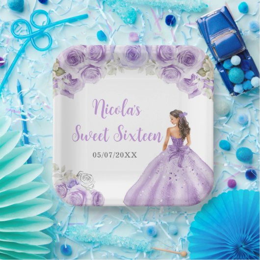 Floral Princess in Paarse jurk Sweet Sixteen Papieren Bordje (Feest)
