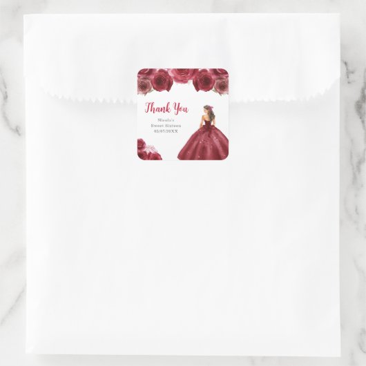 Floral Princess in Red Dress Sweet Sixteen Vierkante Sticker (Tas)