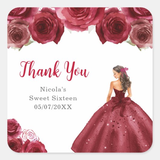 Floral Princess in Red Dress Sweet Sixteen Vierkante Sticker (Voorkant)