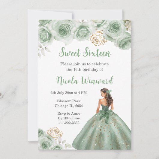 Floral Princess in Sage Green Dress Sweet Sixteen Kaart (Voorkant)