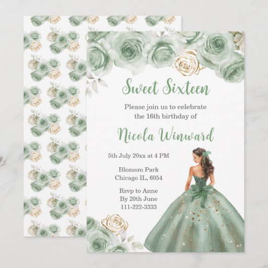 Floral Princess in Sage Green Dress Sweet Sixteen Kaart (Voorkant / Achterkant)