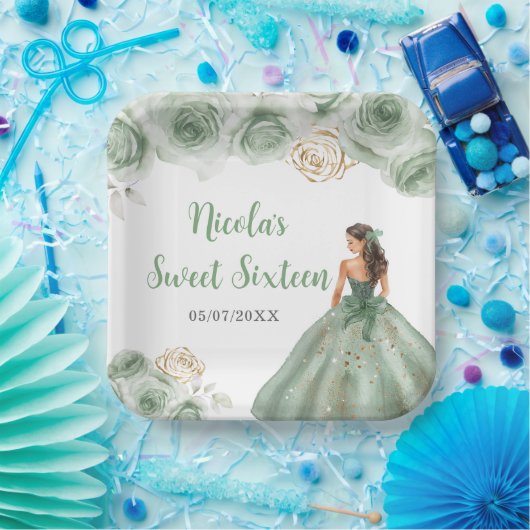 Floral Princess in Sage Green Dress Sweet Sixteen Papieren Bordje (Feest)