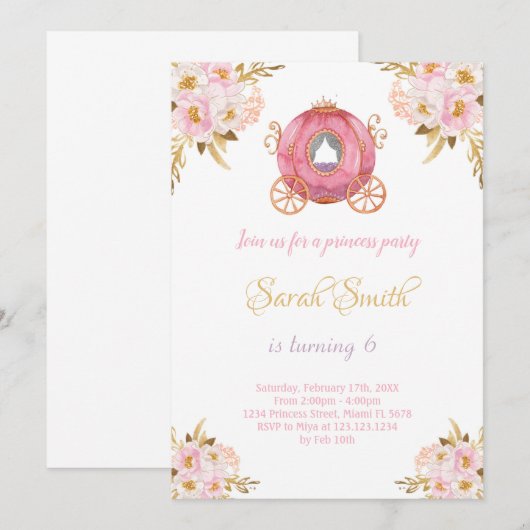 Floral princess verjaardagsuitnodiging kaart (Voorkant / Achterkant)