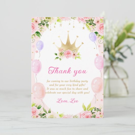 Floral Prinses Kroon 1e Verjaardag Dank u kaart (Staand voorkant)