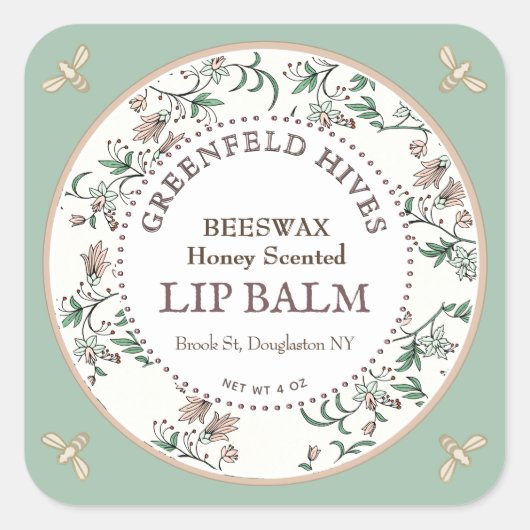  Floral Print bijen Lente Groene LIP BALM Vierkante Sticker (Voorkant)