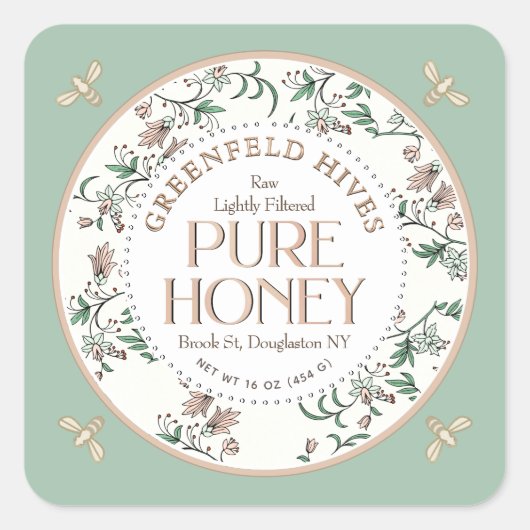  Floral print bijen lentegroen ruwe honing Vierkante Sticker (Voorkant)