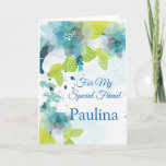 Floral Print Custom Name Birthday Card Friend Card Kaart<br><div class="desc">Stel je voor dat deze nieuwe, blote waterverf-geprinte verjaardagskaart wordt geopend door je speciale vriend met haar eigen naam erop. Hues of Blues & Greens op een scherpe Witte achtergrond. De groet werd binnen gedrukt die ontvanger een gelukkige verjaardag wensen. Pas verder aan en verander de steekproefnaam in wat u...</div>